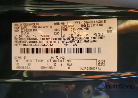 2018 Ford Escape Se z USA, uszkodzony, nr VIN 1FMCU0GD3JUC60912